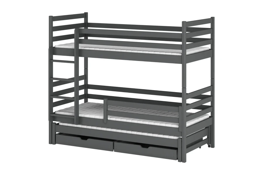 Stabiel stapelbed in grafiet mit drie ligoppervlakken en twee uittrekbare bedladen voor opbergruimte.