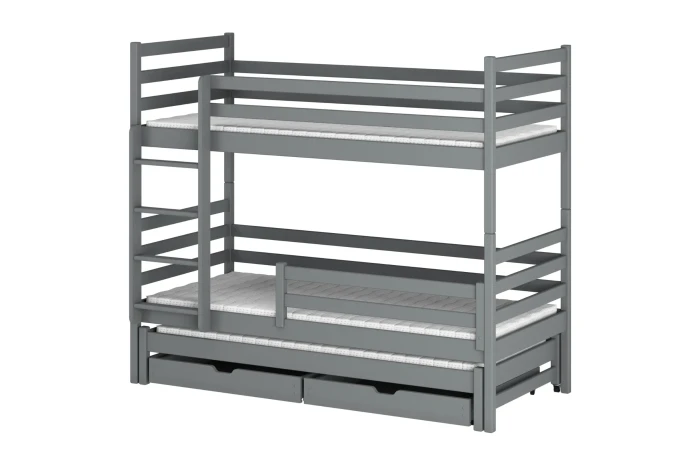 Grijs stapelbed van massief hout met derde uitschuifbed en twee praktische laden.