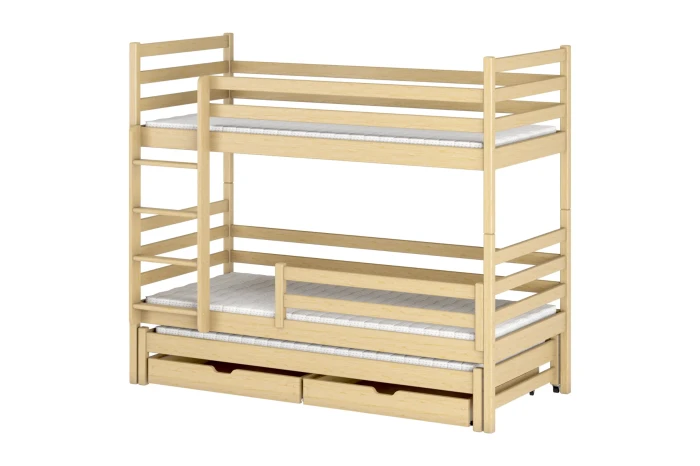 Driepersoons stapelbed van massief grenenhout met extra uitschuifbed en twee laden voor opbergruimte.