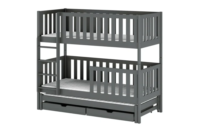 Grijs stapelbed voor kinderen met derde uitschuifbed en praktische laden.