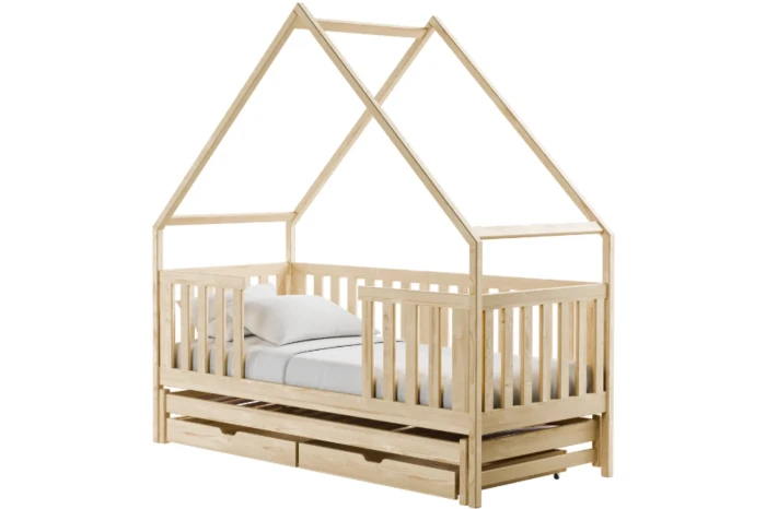 Massives Hausbett aus Kiefernholz mit Rausfallschutz, Gästebett und Schubladen in Natur.