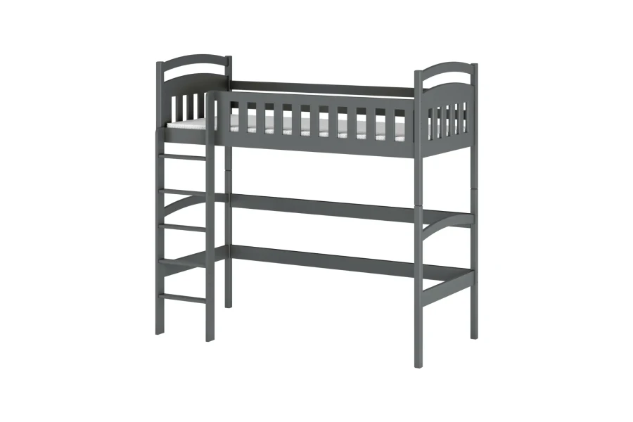 Modernes Hochbett aus Kiefernholz in Graphitgrau mit stabiler Leiter und Rausfallschutz.