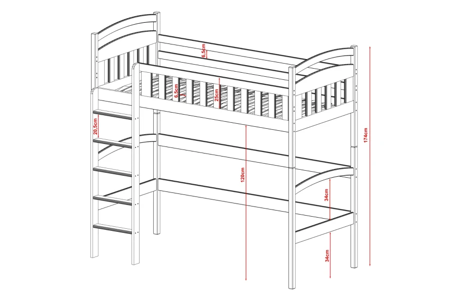 Technische Zeichnung mit Maßen für das Hochbett: 174 cm Gesamthöhe und 120 cm Nischenhöhe.