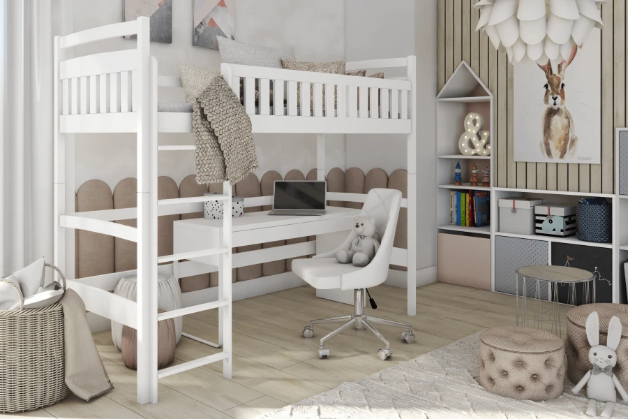 Hochbett weiß mit Schreibtisch und Stuhl – platzsparende Lösung für das moderne Jugendzimmer.