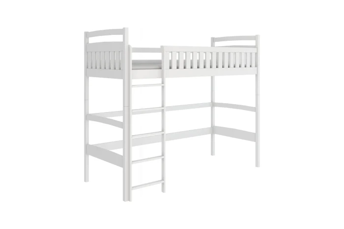 Weißes Hochbett aus Massivholz für Kinder, freigestellt auf weißem Hintergrund.