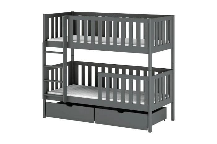 Modern stapelbed in grafietgrijs met uitvalbeveiliging, ladder en twee uitschuifbare bedladen.