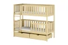 High-quality bunk bed made of natural pine wood with ladder and two drawers below.