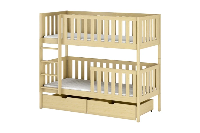 Hoogwaardig stapelbed van natuurlijk grenenhout met ladder en twee laden onderaan.
