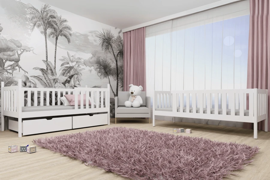 Beispiel für ein Kinderzimmer mit zwei weißen Einzelbetten, rosa Teppich und Wandtapete.