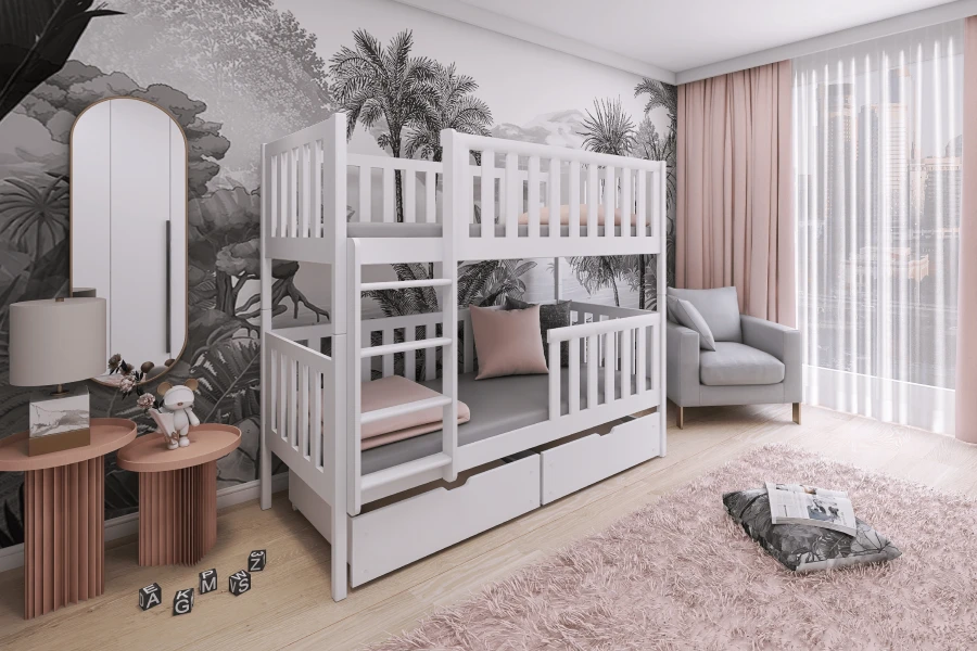 Weißes Stockbett im stilvollen Kinderzimmer mit rosa Teppich und Sessel.
