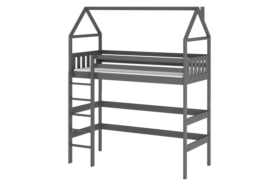 Graues Hochbett in Hausform für Kinder mit integrierter Leiter und sicherem Rausfallschutz.