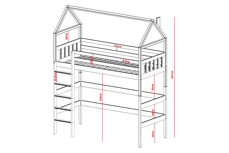 Technische Zeichnung mit genauen Maßen für das Haus-Hochbett zur Planung im Kinderzimmer.