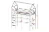 Maßzeichnung und Abmessungen für das Haus-Hochbett: Höhe 227cm, Einstiegshöhe und Geländerdetails im Überblick.