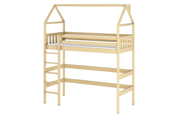 Hausbett Hochbett aus Kiefernholz für Kinder, stabiles Kinderbett mit Leiter