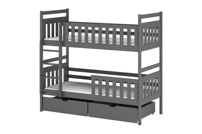 Grey pine wood bunk bed with two drawers for children's room.