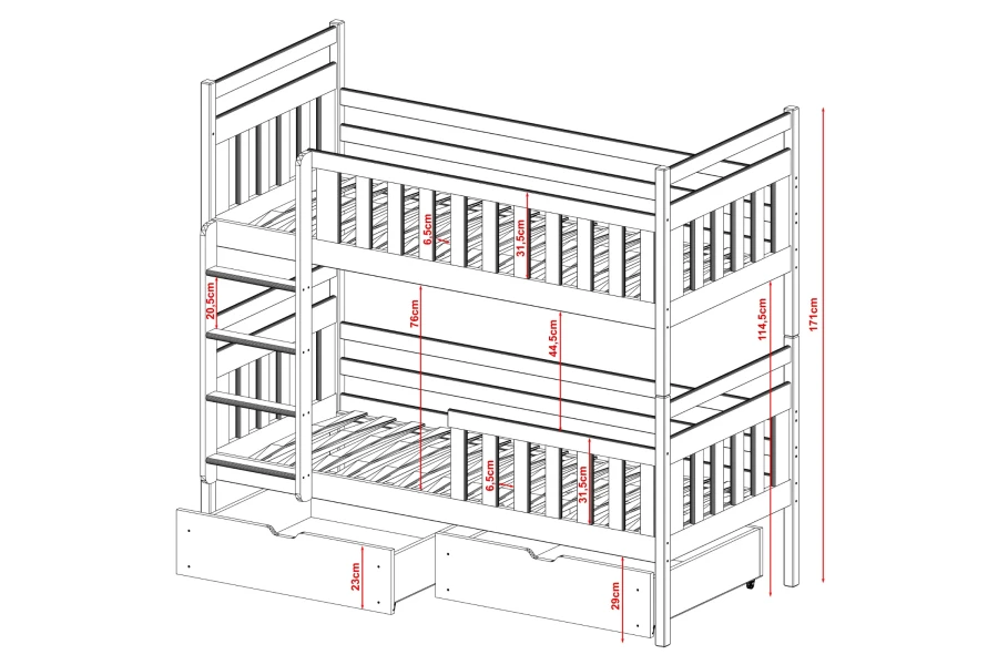 Technische tekening van een stapelbed met afmetingen en twee praktische laden.