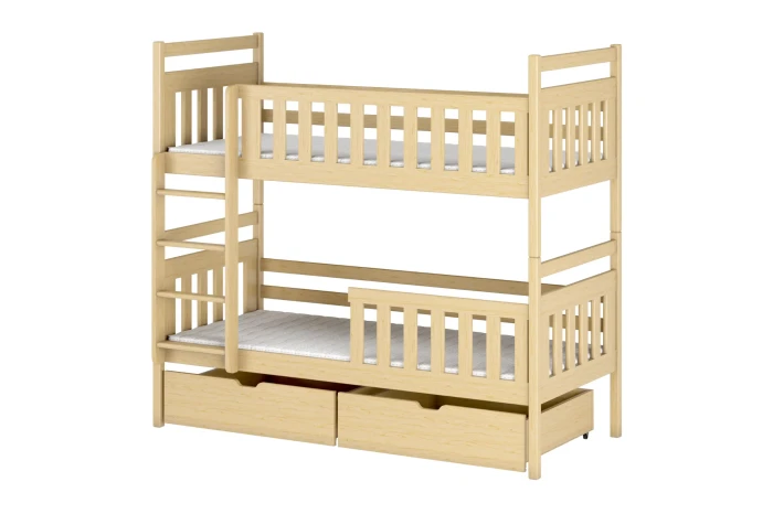 Massief houten stapelbed in natuurlijke kleuren met ladder en twee uitschuifbare laden.