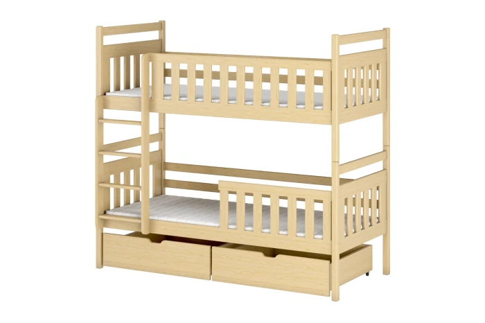 Massivholz-Etagenbett in Naturfarben mit Leiter und zwei ausziehbaren Schubkästen.