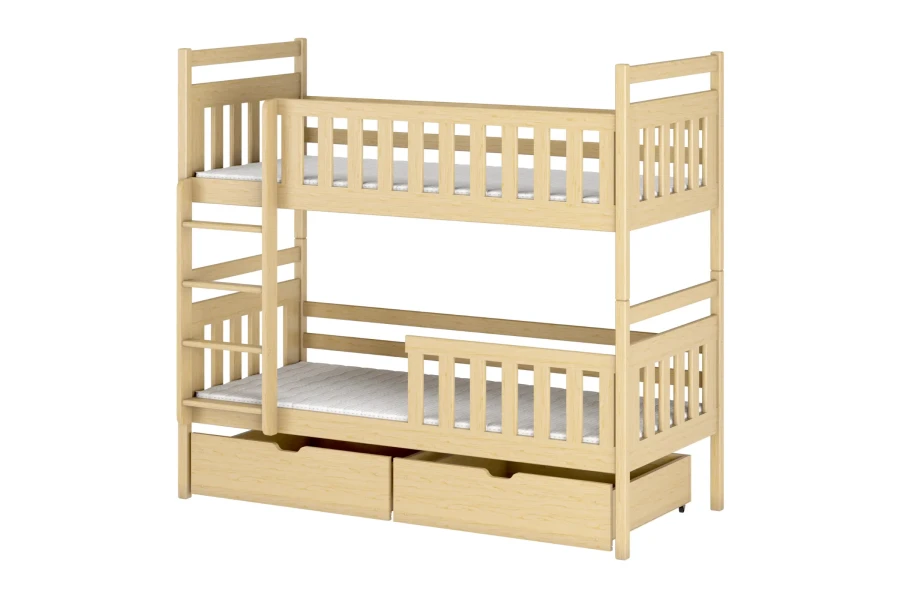 Massivholz-Etagenbett in Naturfarben mit Leiter und zwei ausziehbaren Schubkästen.