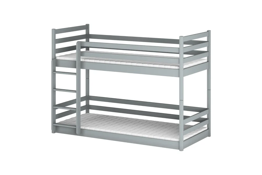 Modern grijs stapelbed van hout, vrijstaand op een witte achtergrond voor de kinderkamer.