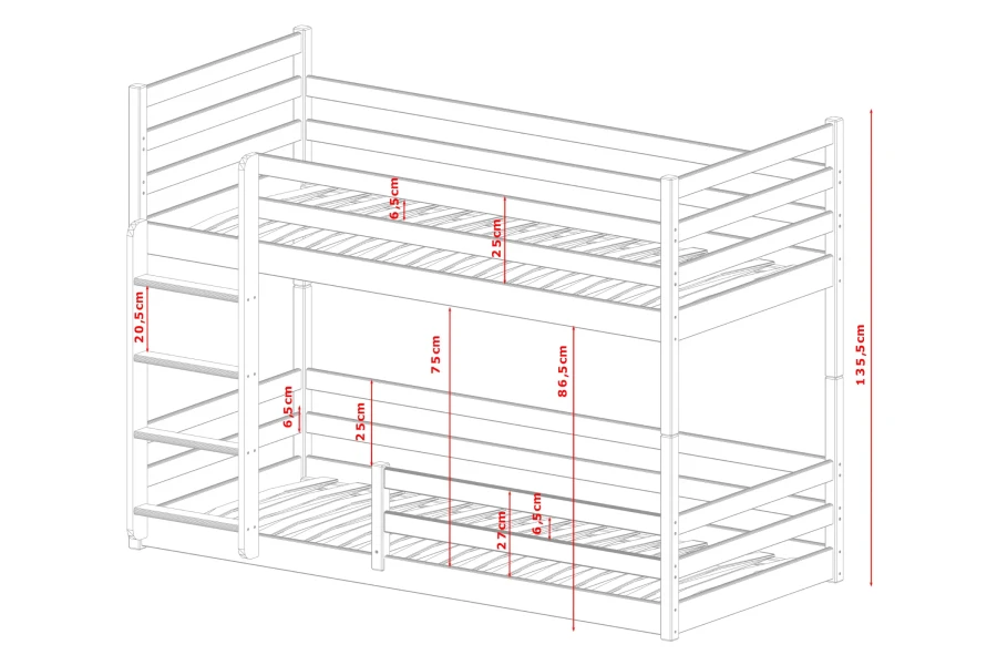 Technical drawing of a bunk bed with dimensions for distances and total height.