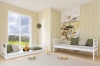 Two white children's beds in a bright children's room with safari mural, giraffe decoration and cosy cushions.