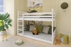 White wooden bunk bed for children in a room with jungle theme, safari mural and giraffe plush toy.