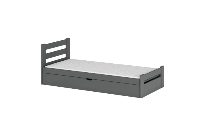 Graues Einzelbett aus Massivholz mit großer Schublade und Matratze auf weißem Hintergrund.