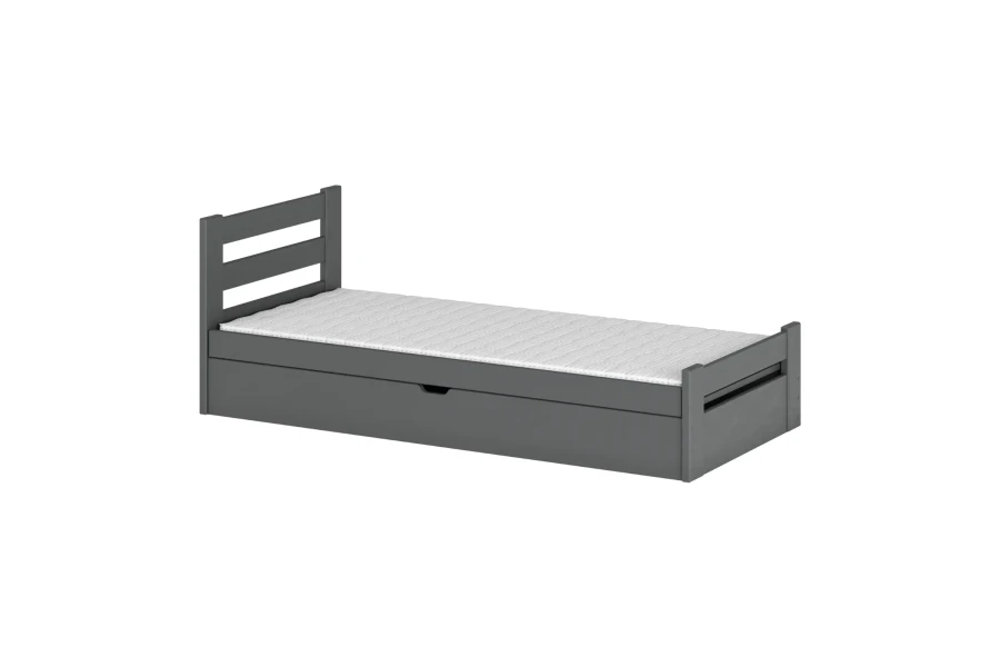 Graues Einzelbett aus Massivholz mit großer Schublade und Matratze auf weißem Hintergrund.