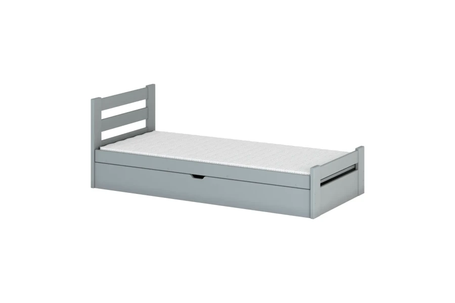 Graues Kinderbett aus Massivholz mit praktischer Bettschublade für zusätzlichen Stauraum.