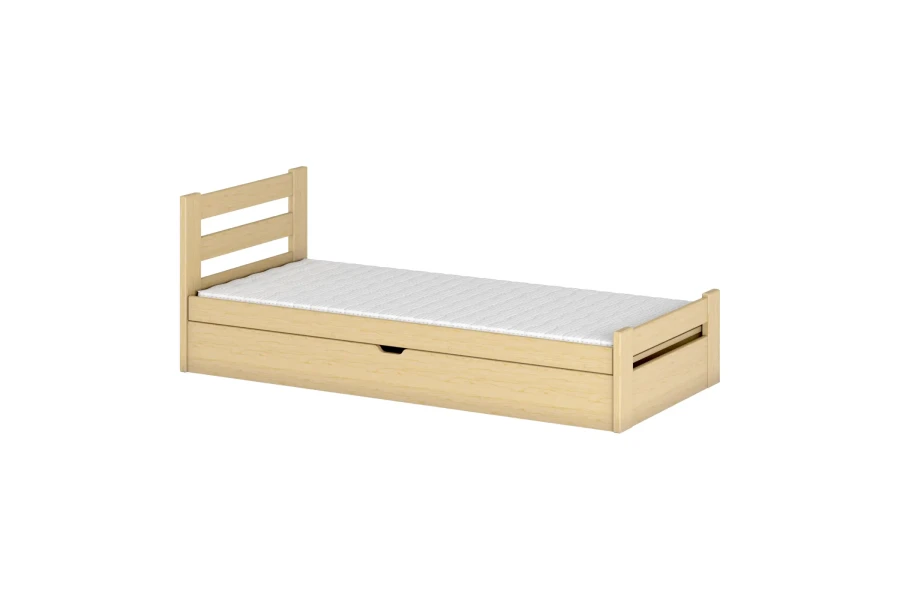 Einzelbett aus Naturholz Kiefer mit Matratze und praktischer Bettschublade auf weißem Hintergrund.