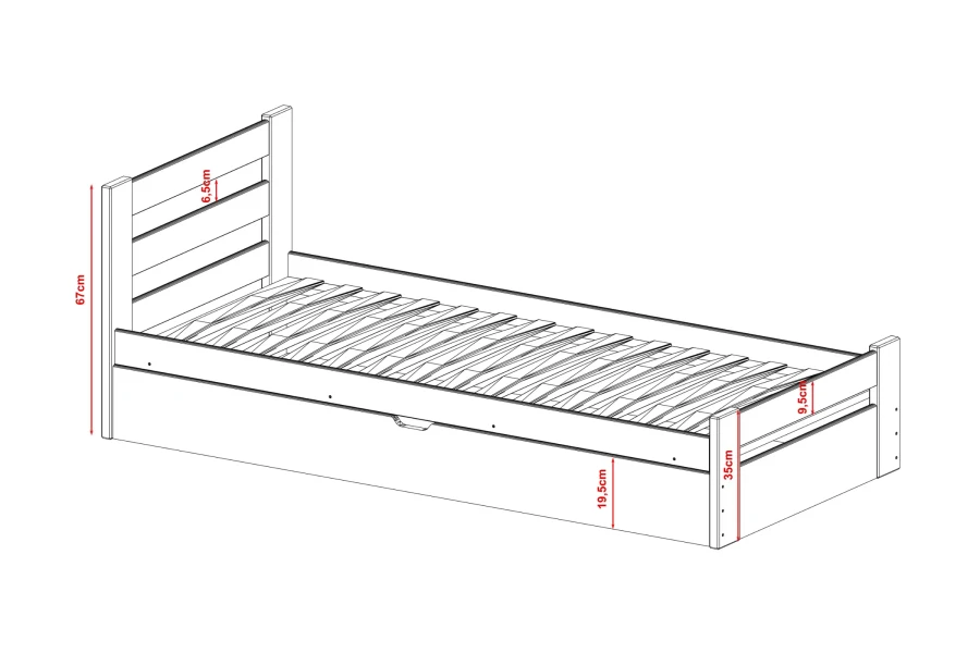 Maßskizze für ein Funktionsbett mit Angaben zu Betthöhe, Lattenrost und Schubladentiefe.