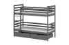 Grey wooden bunk bed with two drawers for children, isolated on a white background.