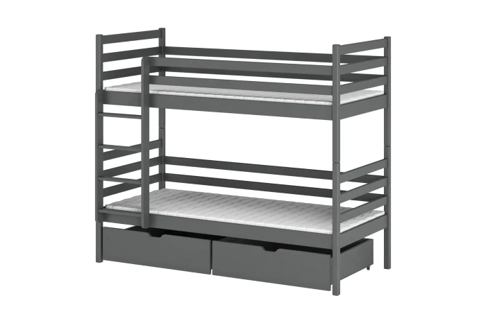 Modernes graues Etagenbett aus Massivholz mit zwei praktischen Schubladen auf weißem Hintergrund.