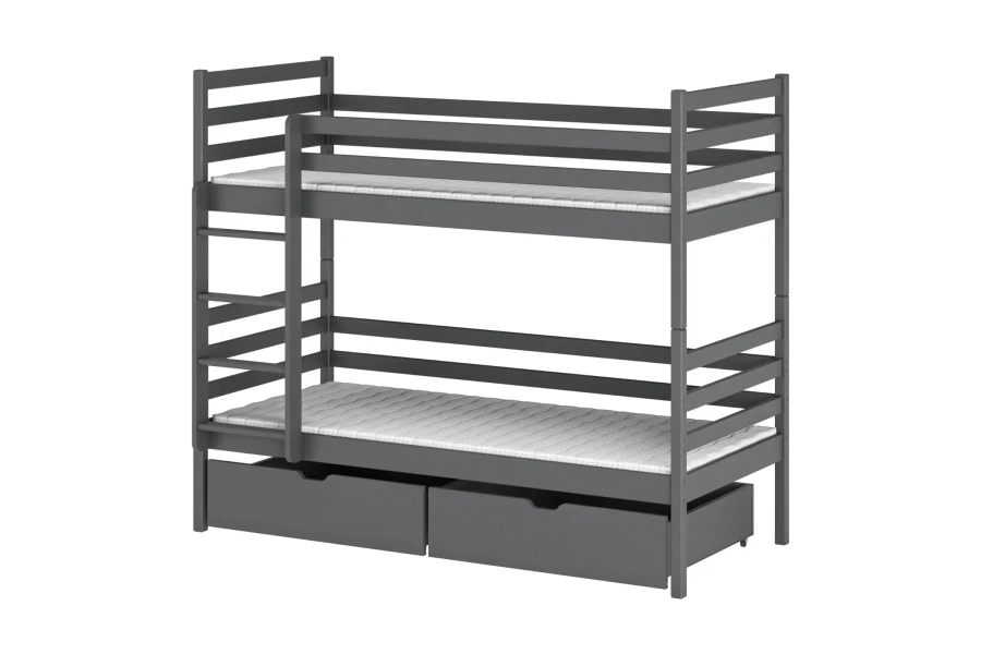 Grey wooden bunk bed with two drawers for children, isolated on a white background.