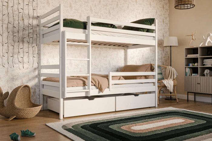 White wooden bunk bed in a children's room with whale wallpaper and cosy furnishings.