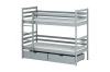 Modern bunk bed in grey made of wood with two practical bed drawers for storage space.