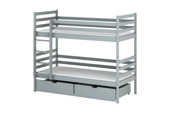Aschgraues Etagenbett aus Massivholz mit zwei ausziehbaren Schubladen.