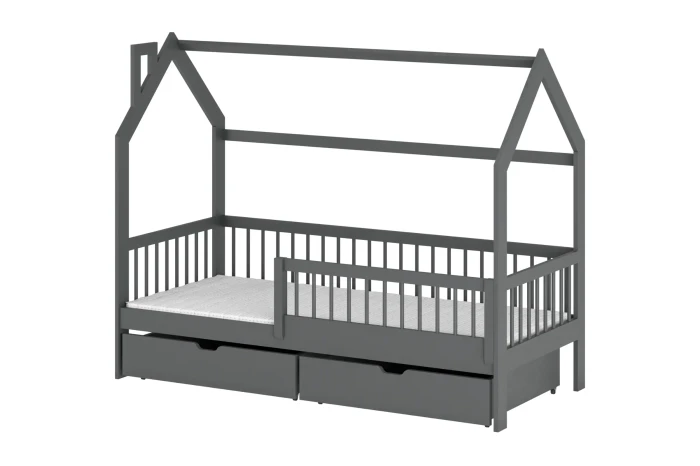 Graues Hausbett für Kinder mit zwei praktischen Schubladen auf weißem Hintergrund.