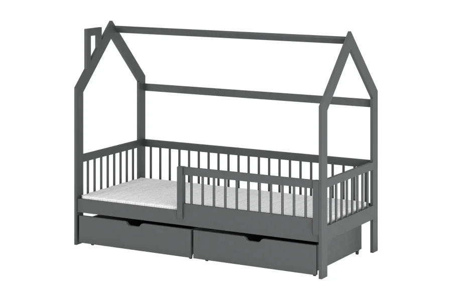 Graues Hausbett für Kinder mit zwei praktischen Schubladen auf weißem Hintergrund.