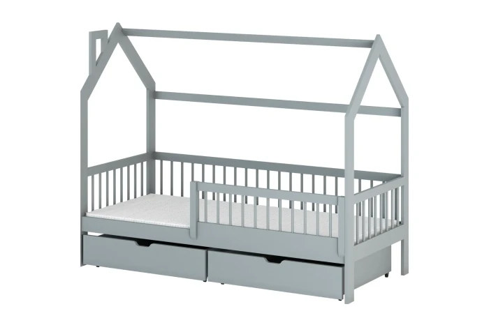 Graues Hausbett für Kinder mit zwei Schubladen und Rausfallschutz auf weißem Hintergrund.