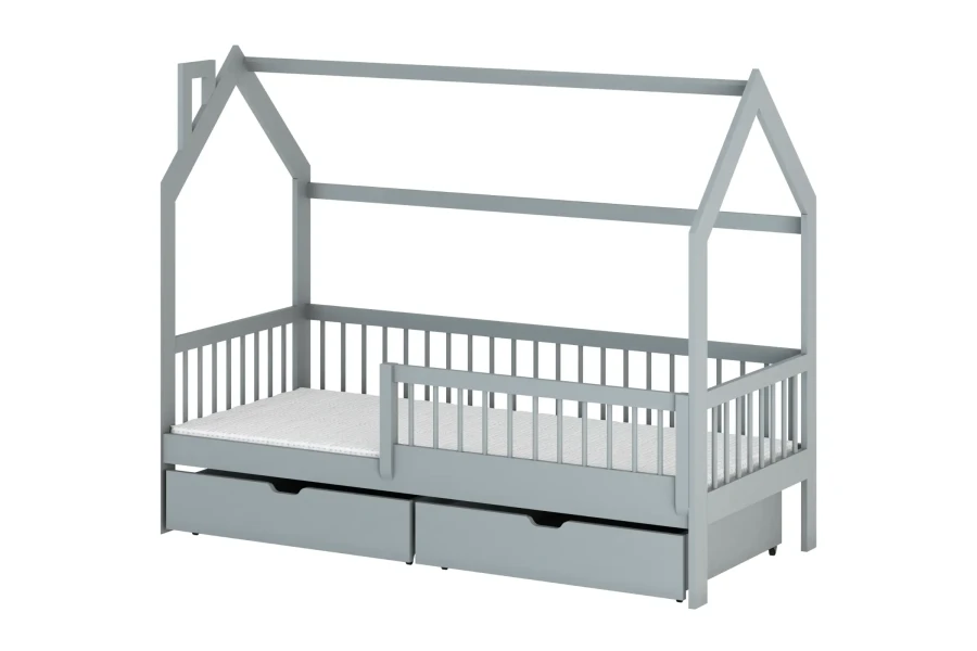 Graues Hausbett für Kinder mit zwei Schubladen und Rausfallschutz auf weißem Hintergrund.