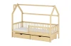 Modernes Hausbett aus Naturkiefer für Kinder mit praktischem Rausfallschutz und Schubladen.