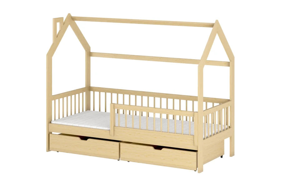 Modernes Hausbett aus Naturkiefer für Kinder mit praktischem Rausfallschutz und Schubladen.