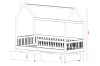 Maßskizze für Kinderhausbett mit Höhenangaben für Rahmen, Rausfallschutz und Schubladen.