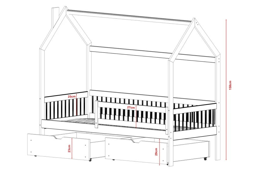 Maßskizze für Kinderhausbett mit Höhenangaben für Rahmen, Rausfallschutz und Schubladen.