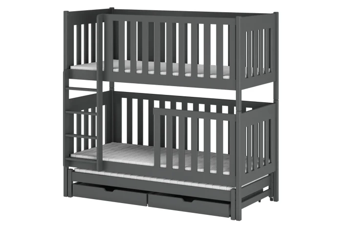 Dunkelgraues Etagenbett aus Holz mit ausziehbarem Gästebett und zwei Schubladen.