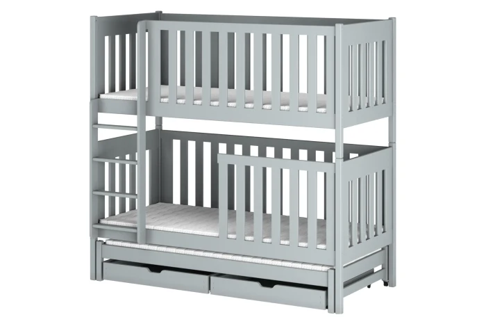Graues Etagenbett mit drittem Ausziehbett und zwei Schubladen für das Kinderzimmer.