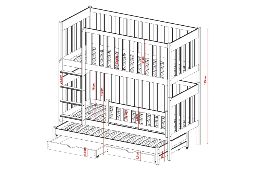 Technische tekening met gedetailleerde afmetingen voor het witte stapelbed met uitschuifbed.