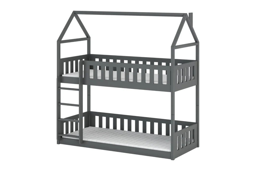 Modern grijs stapelbed in de vorm van een huis voor de kinderkamer op een witte achtergrond.